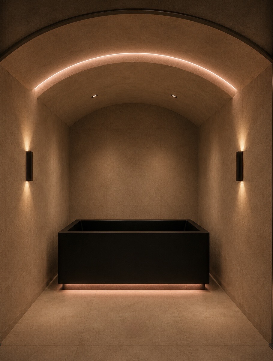 Dark cold plunge tub in a warmly lit vaulted recovery room at Unlock Gyms