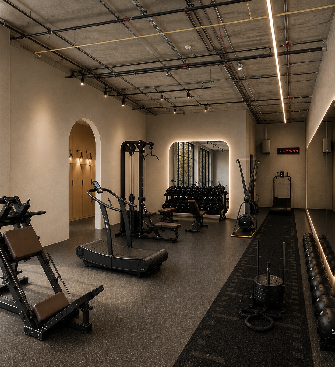 The Unlock Gyms training floor with racks, dumbbells and cardio equipment under warm lighting