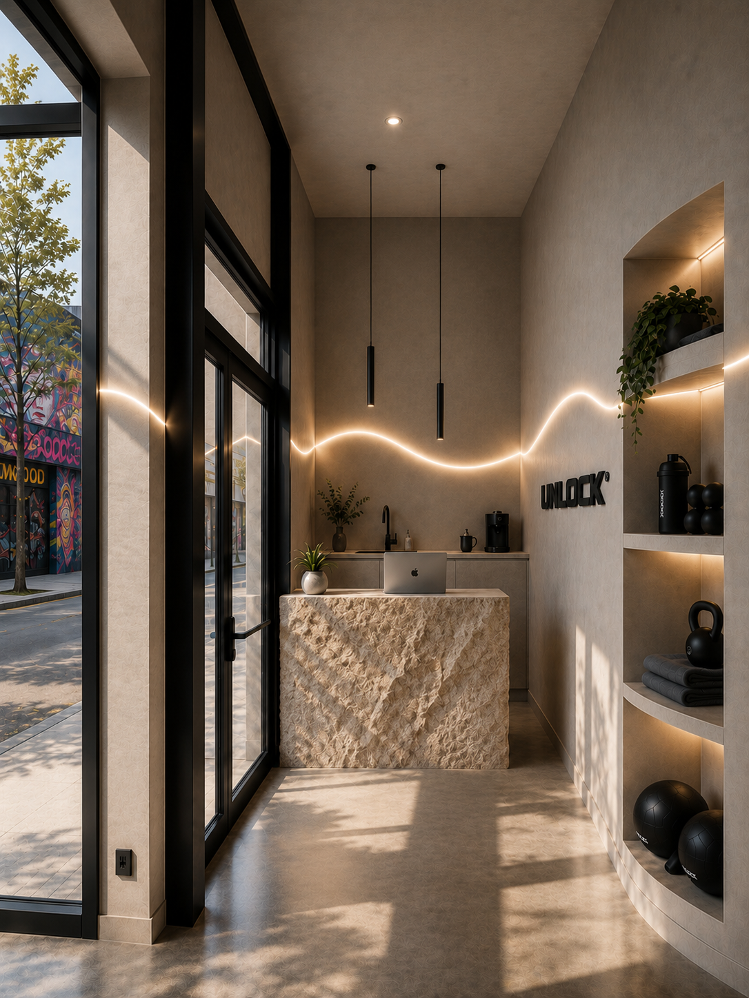 Sunlit Unlock Gyms entrance with a stone-clad fuel bar counter and lit shelving